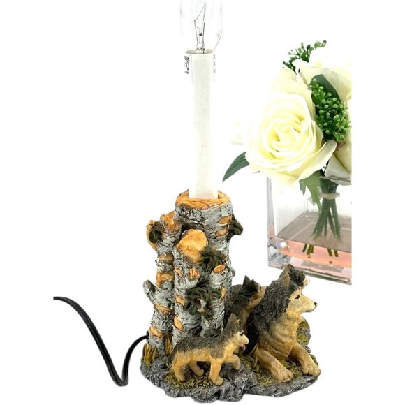 Cabin Theme Wolf Accent Table Lamp WolvesPups Birch Trees Woods Detailed Resin - Picture 8 of 15